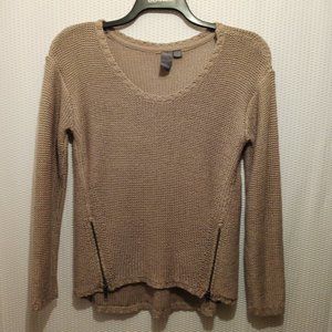 Quinn Knit Long Sleeve Hi-low Sweater w/ Zipper Detail Tan Small